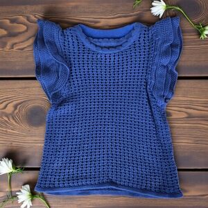 GAP Flutter Sleeve Sweater Top Blue Crochet Open Knit Scalloped Crew Neck Medium